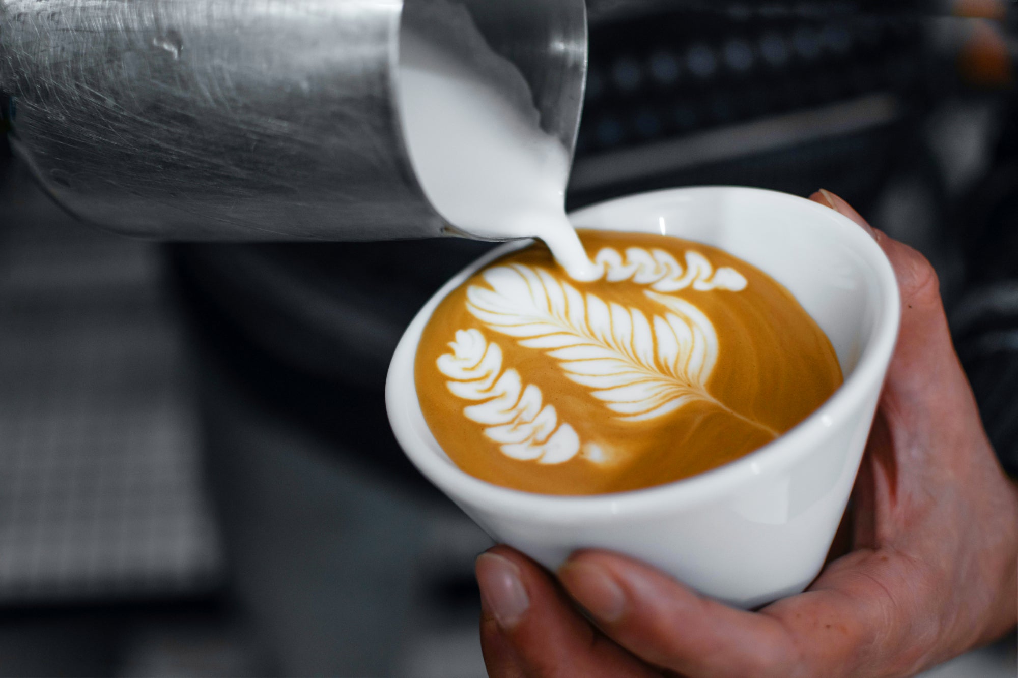 A complex leaf pattern being completed with milk in a cup of coffee