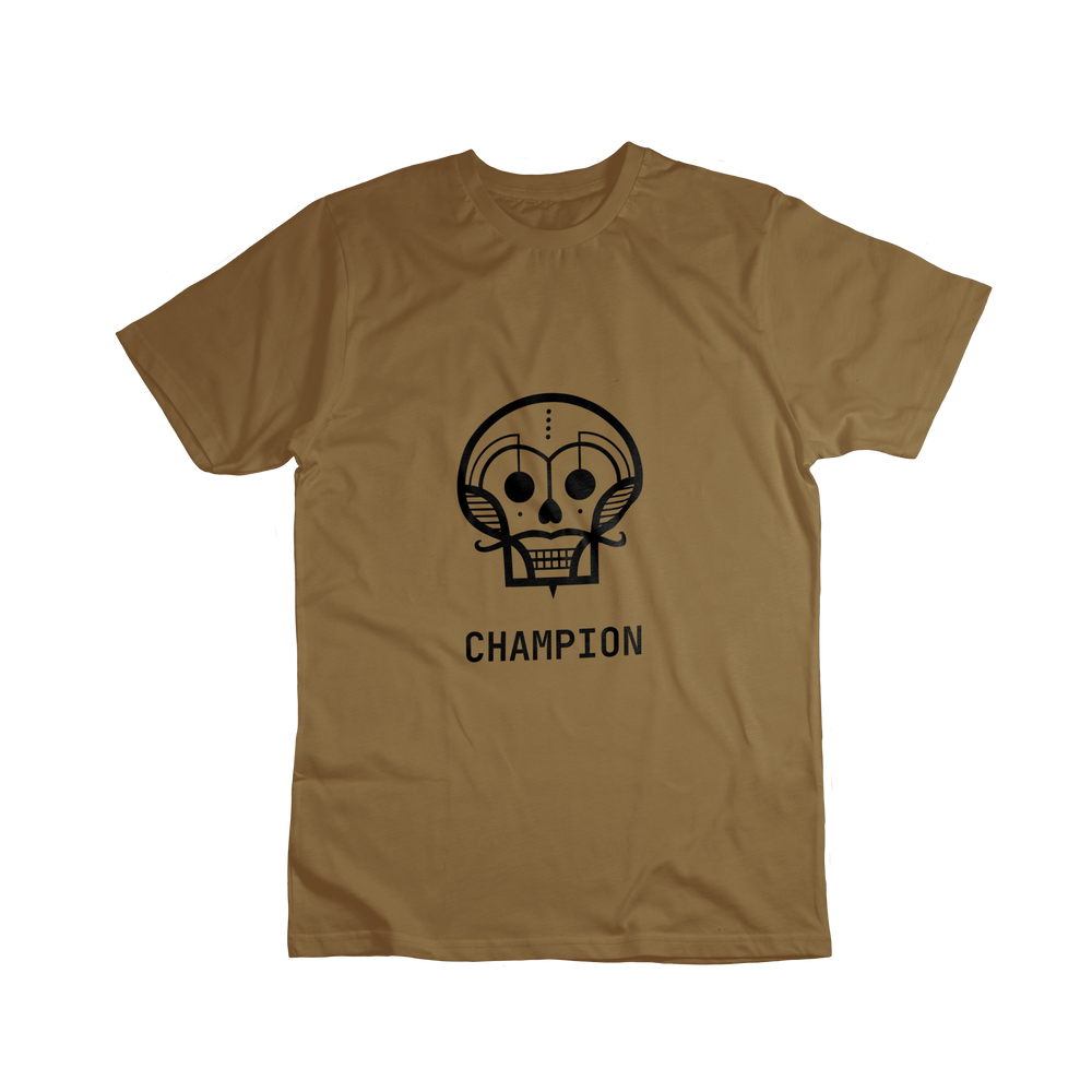 Brown t-shirt featuring the Champion logo