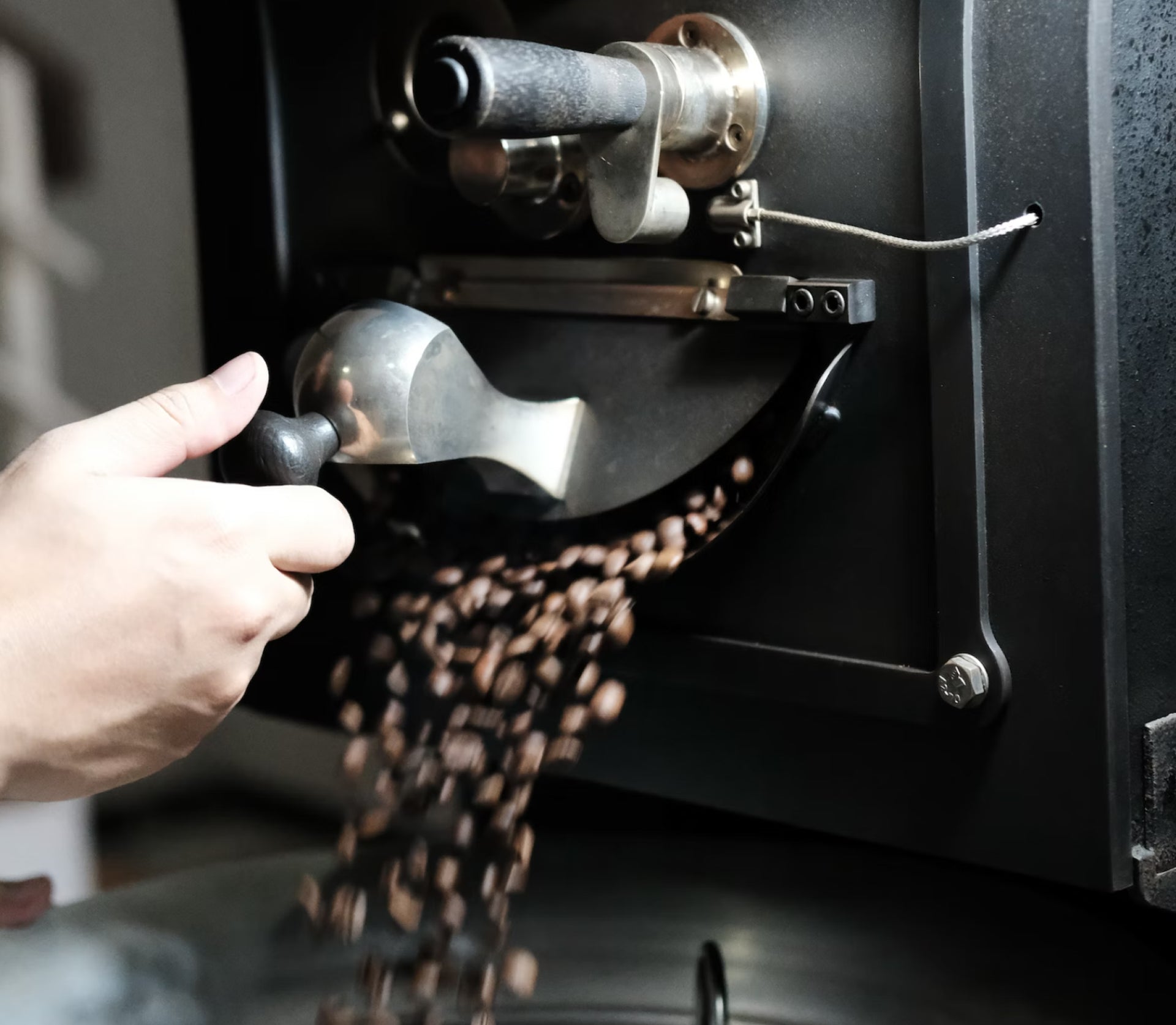 Someone's hand opening a coffee bean container