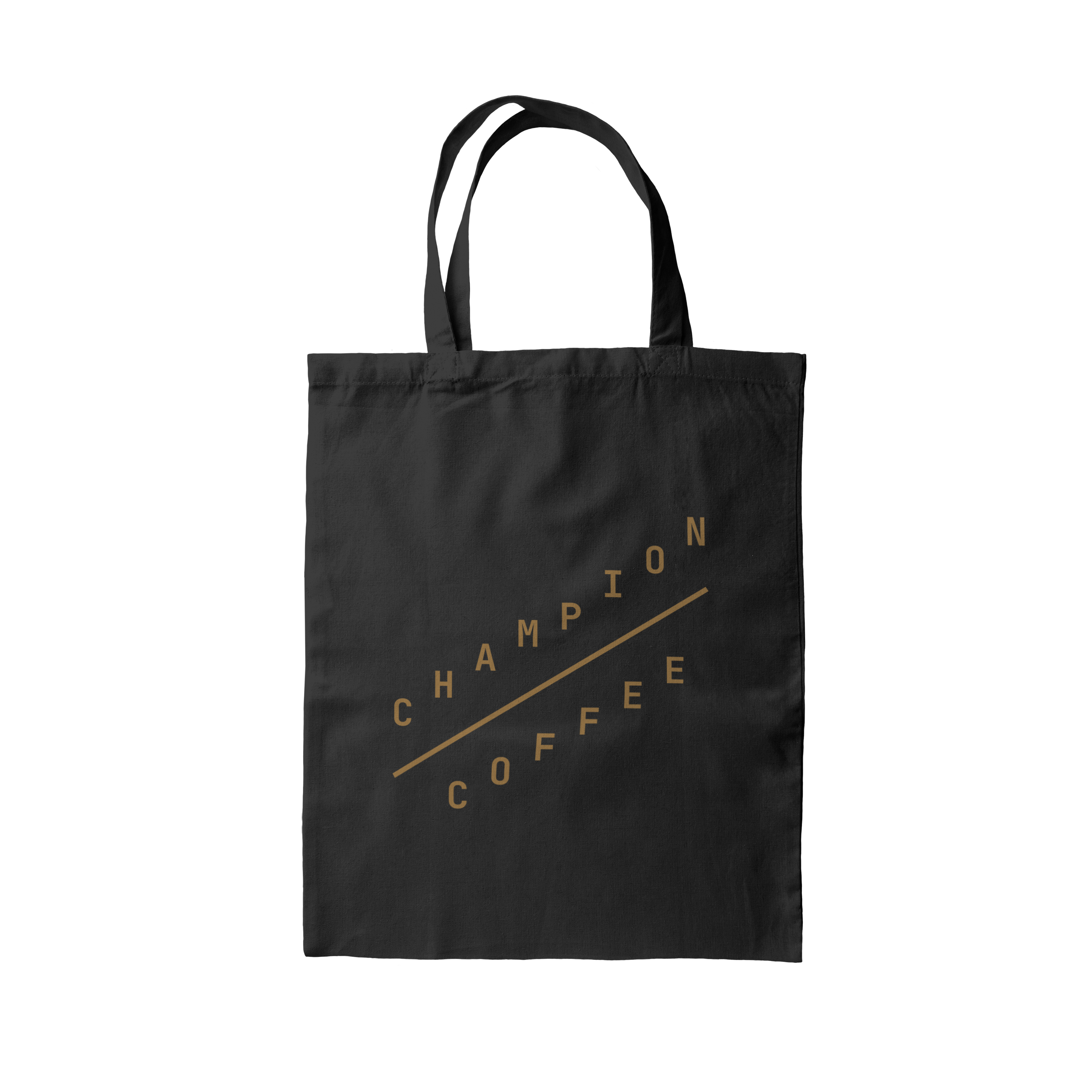 Black tote bag featuring the Champion coffee logo