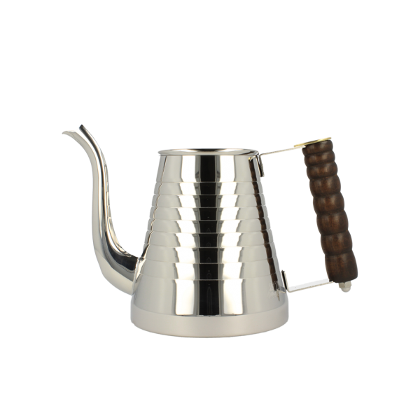 A metallic kettle with a wooden handle